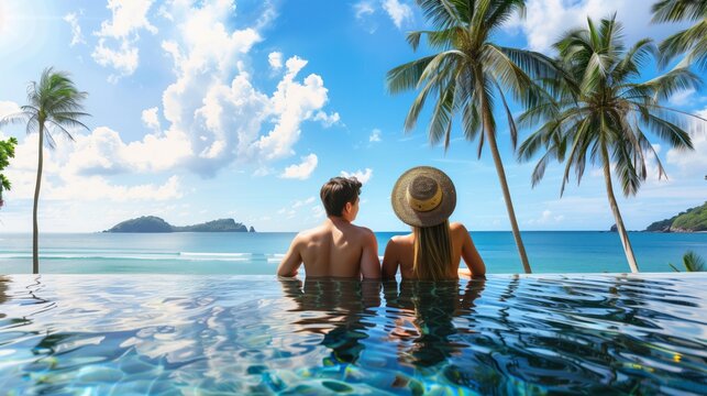 Young, loving couple view from the back, enjoying their vacation in tropical destination country. Pool relax with sea ocean and palm trees landscape, leisure, romance, and exotic travel experiences.