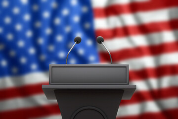 Stand for performance with microphones on the background of the American flag. Elections, Political...