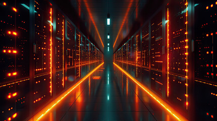 Fototapeta premium Orange and yellow misty digital technology background with server room data center glowing wall hallway corridor