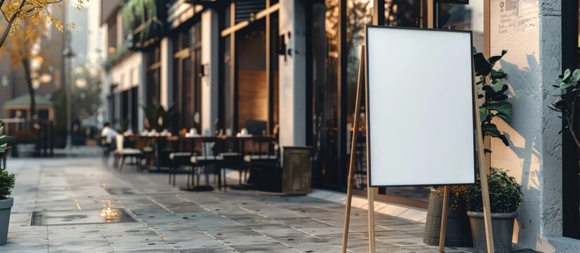 Poster mockup on a white paper being presented outside a restaurant building as part of a marketing and business strategy.