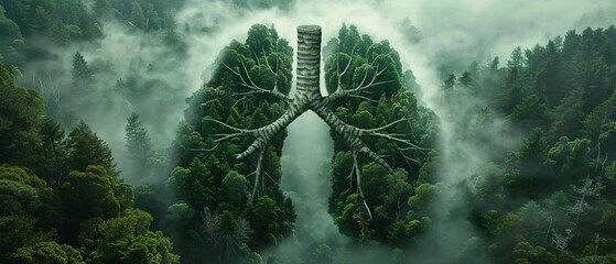 A breathtaking forest scene emerges through the mist naturally forming the shape of human lungs