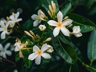 Fototapeta premium A bunch of white flowers with yellow tips. The flowers are in a green bush