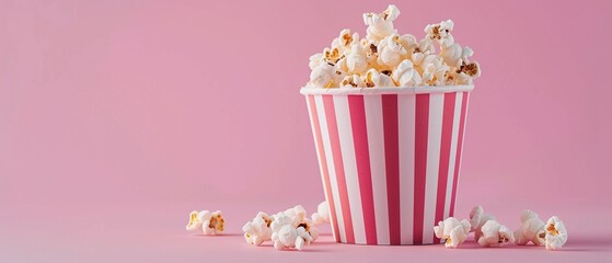 A cheerful scene featuring popcorn overflowing from a classic striped cup against a playful pink background
