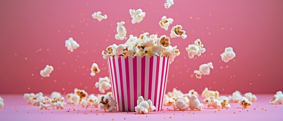 A cheerful scene featuring popcorn overflowing from a classic striped cup against a playful pink background