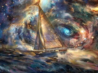 A colorful painting of a sailboat in the ocean with a spiral galaxy in the background. The mood of the painting is serene and peaceful, with the sailboat representing adventure