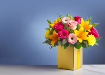Bouquet of fresh flowers in a gift box on a blue background with copy space. Event, women day