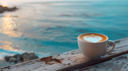 A cup of coffee with a heart-shaped foam sits on a wooden table with a calming ocean view in the background - obrazy, fototapety, plakaty