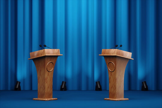 Political debates, struggle for leadership, power, appeal to voters, two candidates. Two stands with microphones. Mixed media.