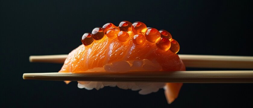 A detailed shot of a delectable salmon nigiri sushi topped with fish roe