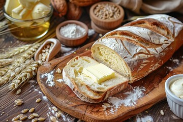 Obraz na płótnie Canvas A Freshly baked artisan bread sliced open with a generous amount of butter