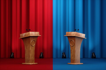Political debates, struggle for leadership, power, appeal to voters, two candidates. Two wooden stands with microphones. Mixed media.