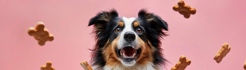 Fototapeta premium A joyful Australian Shepherd dog surrounded by flying dog treats against a playful pink background