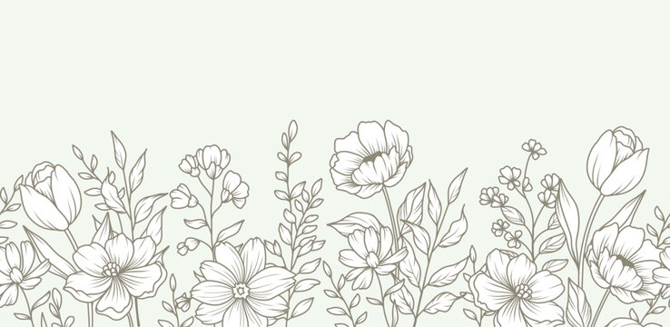 Floral seamless border with various meadow greenery and flowers. Hand drawn botanical pattern with foliage in line art style for wedding invitation, wall art and greeting card. Vector illustration