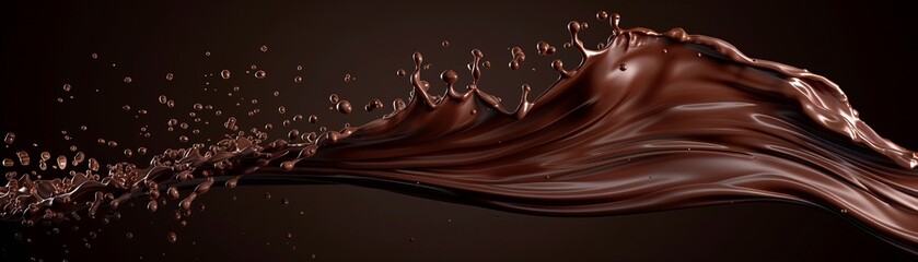 A luxuriously smooth wave of rich chocolate captured in a dynamic splash against a dark background