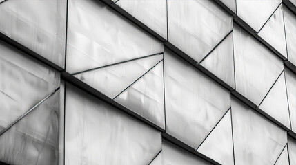 Black and white photograph of an architectural wall with geometric metal panels, closeup detail shot, high resolution photography, HDR, professional color grading,