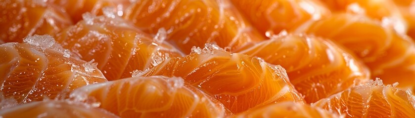 A Macro shot highlighting the detailed texture and vibrant orange color of fresh raw salmon meat