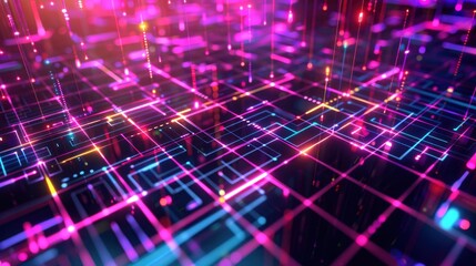 A colorful image of a computer network with many lines and dots. The image has a futuristic and technological vibe - obrazy, fototapety, plakaty