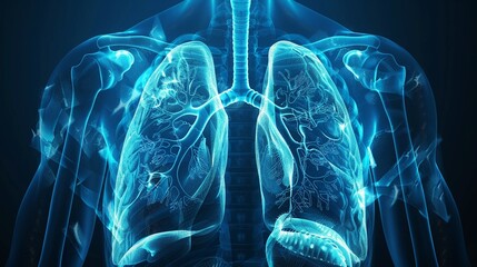 A medical blue x-ray digital illustration showcasing the detailed anatomy of human lungs