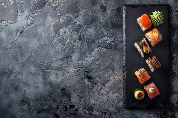 A modern sushi assortment elegantly displayed on a black slate