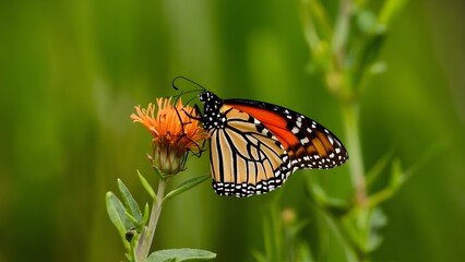 Fototapeta premium Monarch butterfly rests on milkweed flower against green vegetation