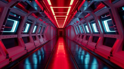 A science fiction scene depicting a sleek and futuristic corridor with red lighting inside an advanced spaceship or space station. - obrazy, fototapety, plakaty