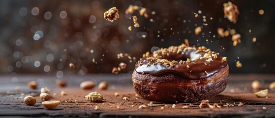 A scrumptious chocolate glazed donut with peanut crumbs falling onto the surface - obrazy, fototapety, plakaty