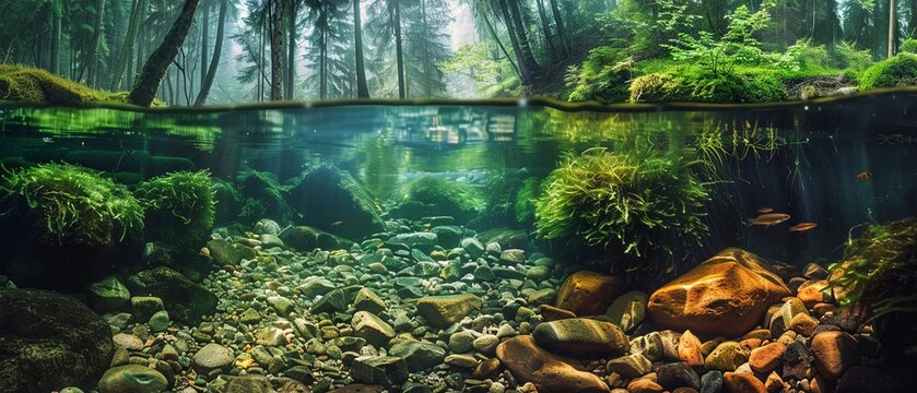 A serene split view of a forest stream