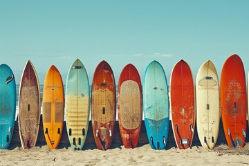 A vibrant display of variously designed surfboards standing upright on a sunny beach