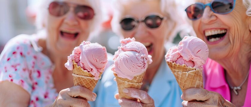 A Three joyful senior women in sunglasses enjoying pink ice cream cones on a sunny day