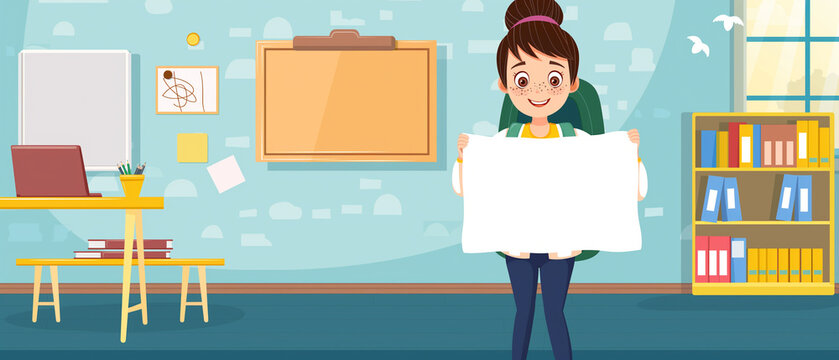 Ilustração uma menina com mochila nas costas segurando um cartaz em branco na sala de aula 