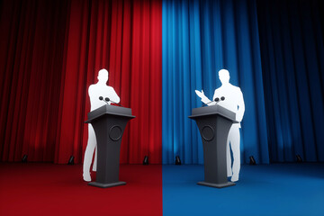 Political debates, struggle for leadership, power, appeal to voters, two candidates. Two stands with microphones and silhouettes of candidates. Mixed media.