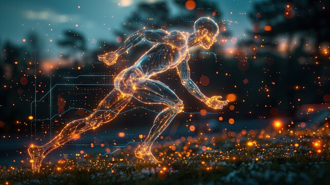 Concept of technology, bones and body movement for medical treatment of joints Graphic of a person with an x-ray interface