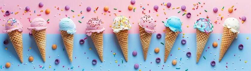 An Assorted colorful ice cream cones lined up on a split pastel pink and blue background with sprinkles scattered around. - obrazy, fototapety, plakaty