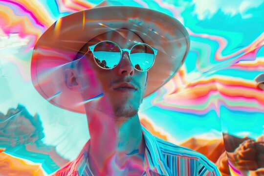 A man wearing a hat and sunglasses is standing in front of a colorful background. The image has a vibrant and energetic feel to it, with the man's hat