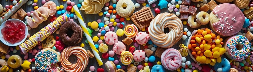 An overabundance of assorted junk food items and sweets spread out on a table showcasing a variety of colors and shapes - obrazy, fototapety, plakaty