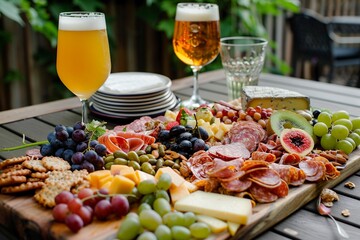An inviting charcuterie and cheese board perfectly paired with a glass of beer - obrazy, fototapety, plakaty