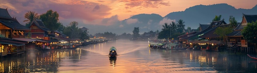 The bustling activity of a traditional Asian floating market at dawn