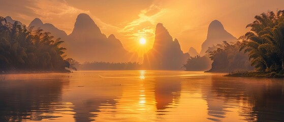 The sun rises casting a golden glow over the tranquil Li River and the stunning karst mountain landscape in Guangxi - obrazy, fototapety, plakaty
