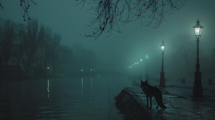 wolf on river bank  at night