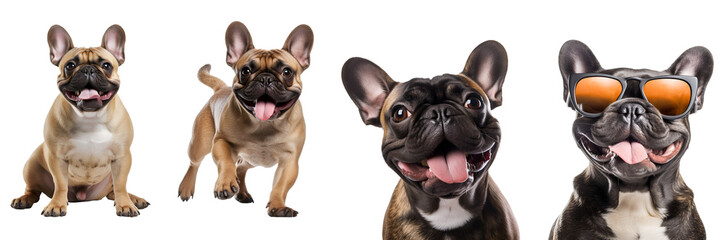 Assortment of Happy French Bulldog: Dog in Different Styles Running, Playing, Jumping, Sitting, Close Up, Dog Wearing Sunglasses, Isolated on Transparent Background, PNG