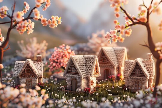 The gentle bloom of spring around handknitted village houses, a promise of renewal and hope , 3D illustration