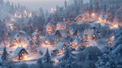 A serene winters dusk falling on handknitted village houses, lights glowing warmly through windows , 3D illustration