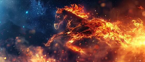 Against a backdrop of stars, horses with flaming manes race the night wind, a blur of fire and spirit , 3D illustration - obrazy, fototapety, plakaty