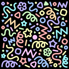 A colorful line doodle set, a party icons, kids symbols, flat art, children celebrating, an isolated vector of illustration on black background