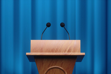 Speech by a politician, stand for speaking with microphones. Elections, Political debates, struggle...