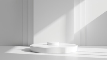 Chic minimalistic advertising podium in pure white, symbolizing clarity and perfection with its clean lines , 3D illustration