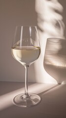 Glass of white wine on elegant table with soft textured shadows. Luxury drink and gastronomy concept for design and print