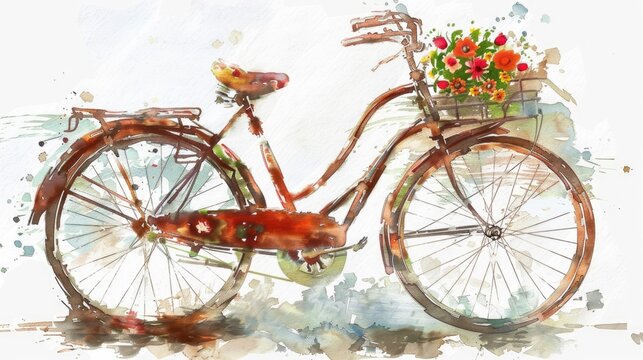 A vintage bicycle with a basket full of flowers. The bike is painted in a watercolor style, giving it a nostalgic and whimsical feel. The flowers in the basket add a touch of color