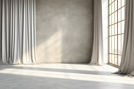 A blank white concrete texture wall with a curtain on a windows with natural light