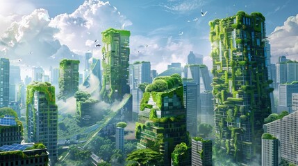 A cityscape with tall buildings covered in green vegetation. The buildings are covered in plants and trees, giving the impression of a lush, natural environment in the middle of a concrete jungle